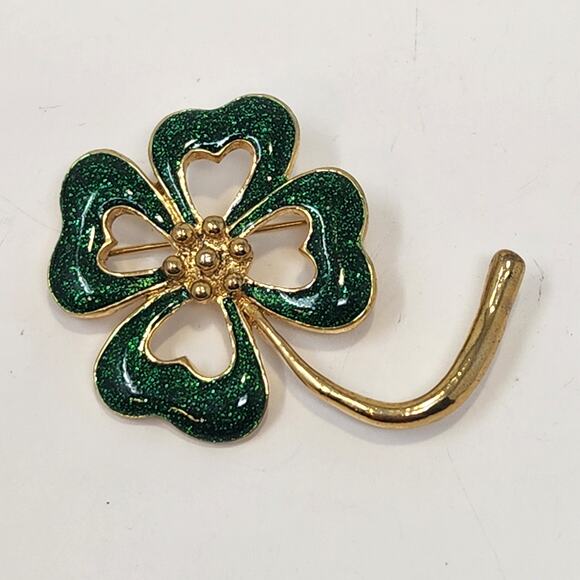 Four Leaf Clover Green Sparkle Enamel Brooch Pin Lucky St Patricks Day Shamrock - Picture 1 of 5